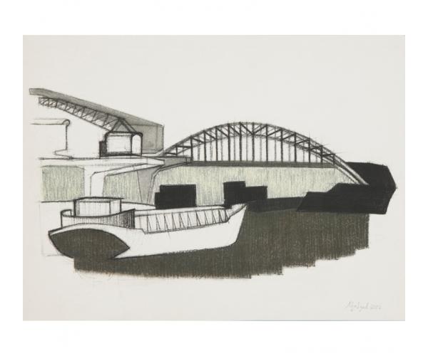 Mainhafen, 2002, Kohle/Kreide auf Papier, 31 x 49 cm